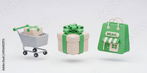 Online Shopping and Gift Purchase Icons with Cart, Present Box, and Retail Bag for E Commerce, Holiday Sales, and Consumer Buying Concepts in 3D Style