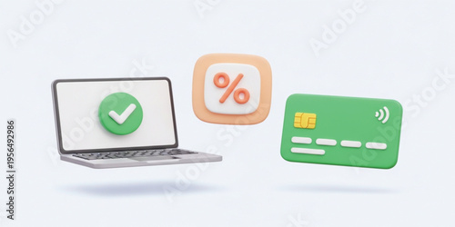 Online Payment and Discount Concept with Laptop Approval Checkmark, Credit Card Transaction, Percentage Offer Icon, and Secure Digital Shopping Illustration
