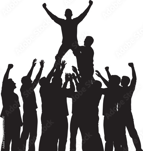 Silhouette Crowd Lifting Man Celebrating Victory on White Background