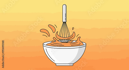 Vibrant culinary illustration featuring a whisk in a bowl with a splash of orange mix
