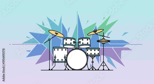 Vibrant drum set illustration against a polygon shaped colorful background