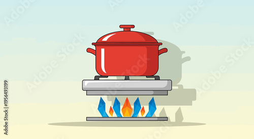 Vibrant illustration of a red cooking pot on a modern gas stovetop radiating cooking energy
