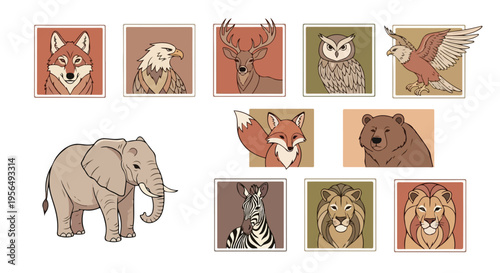 A digital illustration of various animal portraits including a fox, wolf, deer, owl, eagle, bear, and more, showcasing a tribal spirit animal theme with earthy tones on a white background