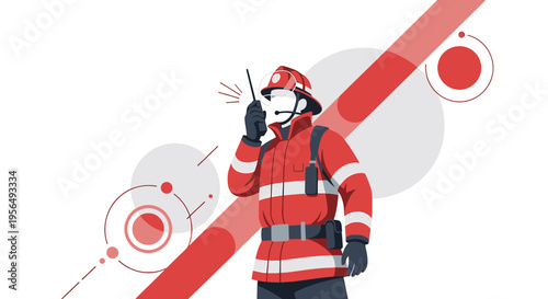 Vector illustration of a firefighter communicating using a walkie-talkie at work ready to save lives