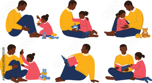 Father and Daughter Bonding Activities Collection Showing Reading, Playing, Hugging, and Parenting Moments in Warm Flat Style Vector Illustration for Family and Childhood Concepts