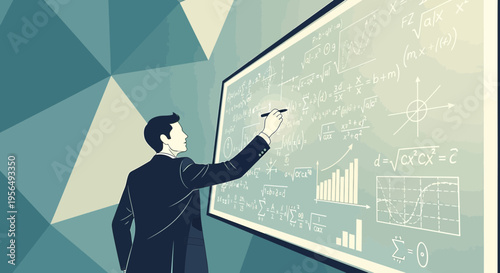 Vector illustration of a mathematician writing formulas on a blackboard with geometric background