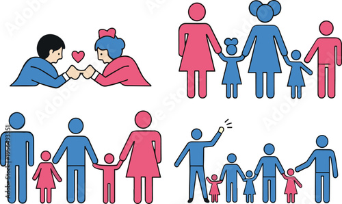 Family relationship icons set with parents children love care parenting support people flat vector illustration collection