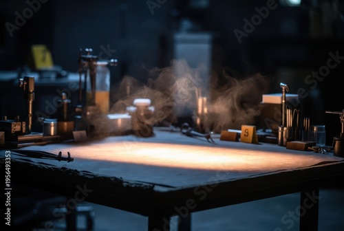 Thriller investigation scene workshop photo dark environment close-up