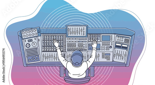 Vector Illustration of a Music Producer Working at a Mixing Console in a Sound Studio