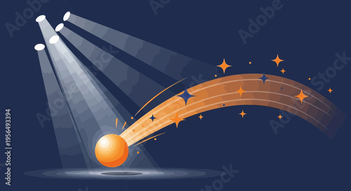 Vector Illustration of a Radiant Sphere Emitting a Starry Trail Under Spotlights illuminating the