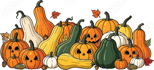Autumn Pumpkin Collection with Halloween Jack O Lantern Squash Gourds Corn and Fall Leaves Seasonal Harvest Illustration Set for Festive Design