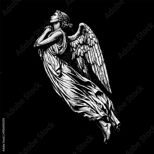 Фотография Stippling art illustration of a graceful female angel ascending, hand-drawn vintage style engraving of a winged woman in prayer pose isolated on black background