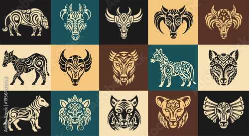 A vibrant collage of animal spirit tribal designs featuring various wildlife in a stylized flat lay from above with earthy tones