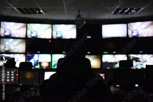 Intense investigation thriller in surveillance room high-tech environment dark viewpoint