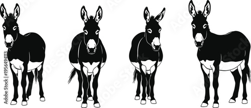 Donkey silhouette vector set collection of standing farm animals isolated on white background flat black and white illustration icon for nature logo design.
