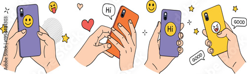 Hand Holding Smartphone Collection with Chat Messages, Emojis, and Social Media Interaction Concepts in Flat Cartoon Style Vector Illustration for Mobile Communication Design