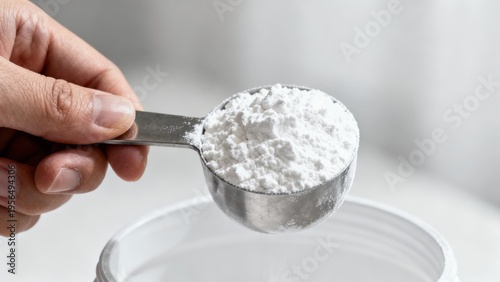 Person's hand holds a stainless steel measuring spoon overflowing with white protein powder or cornstarch over a plastic jar in a bright indoor setting.