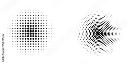 Set of halftone dots gradient pattern texture isolated on white background. Straight dotted spots using halftone circle dot raster texture. Vector blot half tone collection.