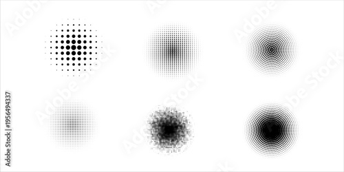 Set of halftone dots gradient pattern texture isolated on white background. Straight dotted spots using halftone circle dot raster texture. Vector blot half tone collection.