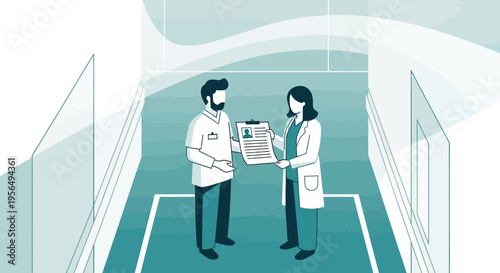 Medical staff sharing patient information in a clinical environment meticulously reviewing