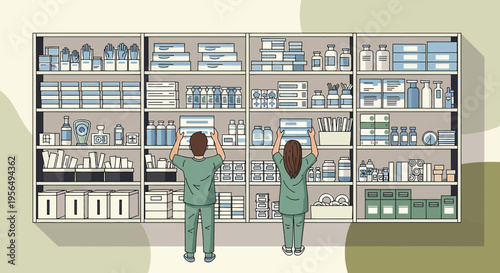 Medical staff restocking essential supplies in a well organized hospital supply room