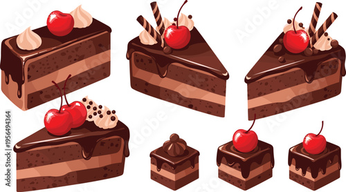 Chocolate Cake Slice Collection with Cherry Toppings Cream Layers and Dripping Chocolate Dessert Illustration Set for Bakery Menu Sweet Food Design