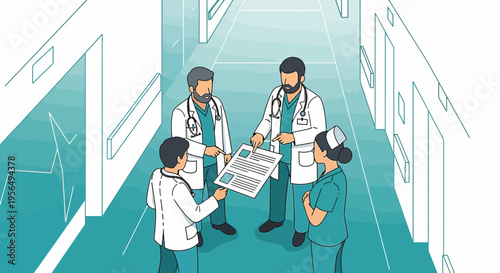 Medical team analyzing patient data in a modern hospital corridor discussion with a doctor