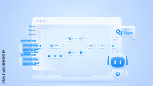 AI workflow automation artificial intelligence. ai agent workflow diagram dashboard machine learning showing node input, processing module, coding and process flow.
