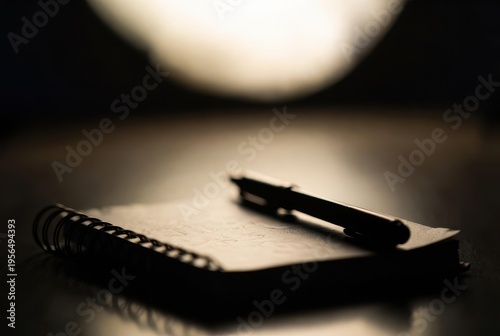Investigation thriller unfolding in a dark room notebook and pen focus suspense