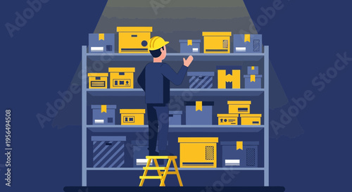 Man on Ladder Inspecting Boxes in Warehouse Shelves, Illustrating Inventory Management and