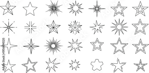 Star Outline and Starburst Icon Set with Hand Drawn Sparkle Shapes, Radiating Light Elements, and Decorative Twinkle Symbols for Design, Logos, and Creative Projects