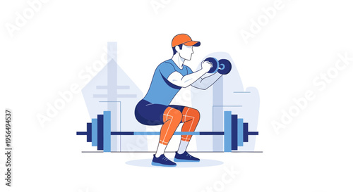 Man performing a squat with dumbbells for strength training illustration fitness theme