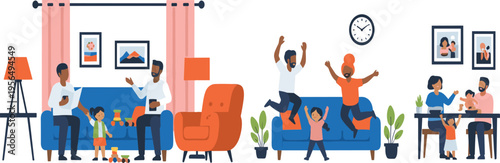 Happy Family Daily Life Scenes Collection with Parents and Kids at Home, Playing, Relaxing, and Spending Time Together in Flat Vector Illustration