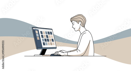 Man working at desktop computer with a minimalist design and muted earth tone colors suitable for