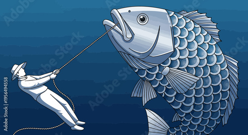 Man strains against giant fish, symbol of effort and struggle with determination and focus
