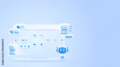 AI workflow automation artificial intelligence. ai agent workflow diagram dashboard machine learning showing node input, processing module, analytics panel, coding and process flow.