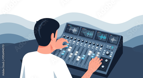 Mastering audio precision: A detailed illustration of a focused sound engineer at work within a