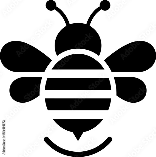 Bee silhouette vector illustration, black and white icon showing striped body, wings, antennae, and stinger in simple symmetrical design