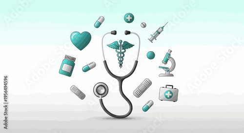 Medical health care illustration representing equipment and tools for clinics and hospitals