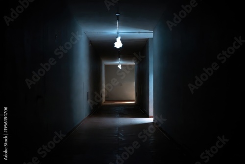Thriller investigation in dark hallway abandoned building mysterious environment