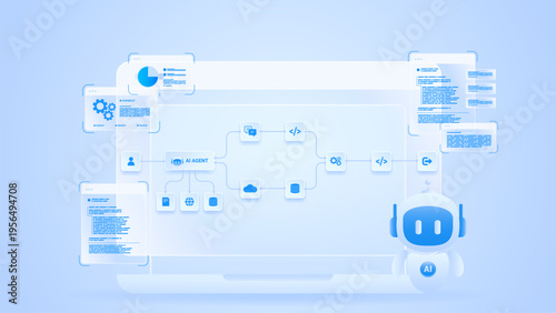 AI workflow automation artificial intelligence. ai agent workflow diagram dashboard machine learning showing node input, processing module, analytics panel, coding and process flow.