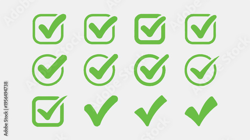 Collection of green checkmark icons in various shapes and styles for approval and confirmation