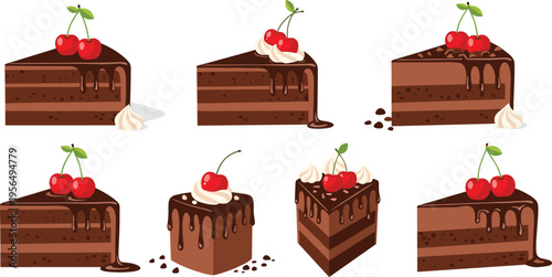 Chocolate Cake Slice Collection with Cherry Toppings Cream and Dripping Chocolate Dessert Set for Bakery Menu Sweet Food Vector Illustration