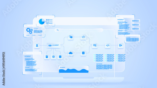 AI workflow automation artificial intelligence. ai agent network node diagram dashboard machine learning connecting node input, processing flow, coding, data analytics panel, and automation flow.