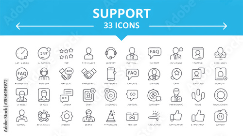 Collection of line style support and customer service icons with people and technology elements