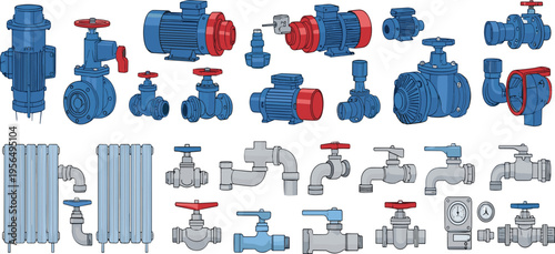 Industrial Mechanical Equipment Collection with Pumps, Valves, Motors, Radiators, and Pipeline Components in Detailed Flat Vector Illustration for Engineering and Manufacturing Design