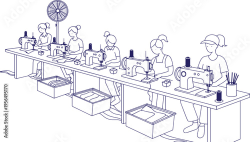 Garment Factory Production Line with Workers Operating Sewing Machines – Black Line Art Vector Illustration