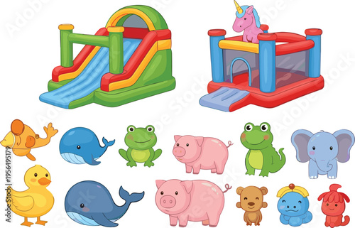 Kids Playground and Cute Animal Toy Collection with Inflatable Slide, Bouncy Castle, Duck, Whale, Frog, Pig, Elephant, and Teddy in Cartoon Vector Illustration