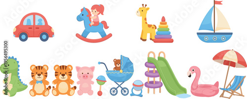 Kids Toys and Playground Collection with Cute Animals, Car, Rocking Horse, Slide, Boat, and Baby Stroller in Soft Flat Cartoon Style Vector Illustration