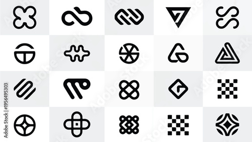 Collection of various black geometric shapes and symbols on white and light gray squares